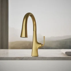 Pull-down kitchen sink faucet with three-function sprayhead^Kohler Outlet