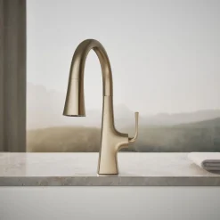 Pull-down kitchen sink faucet with three-function sprayhead^Kohler Outlet