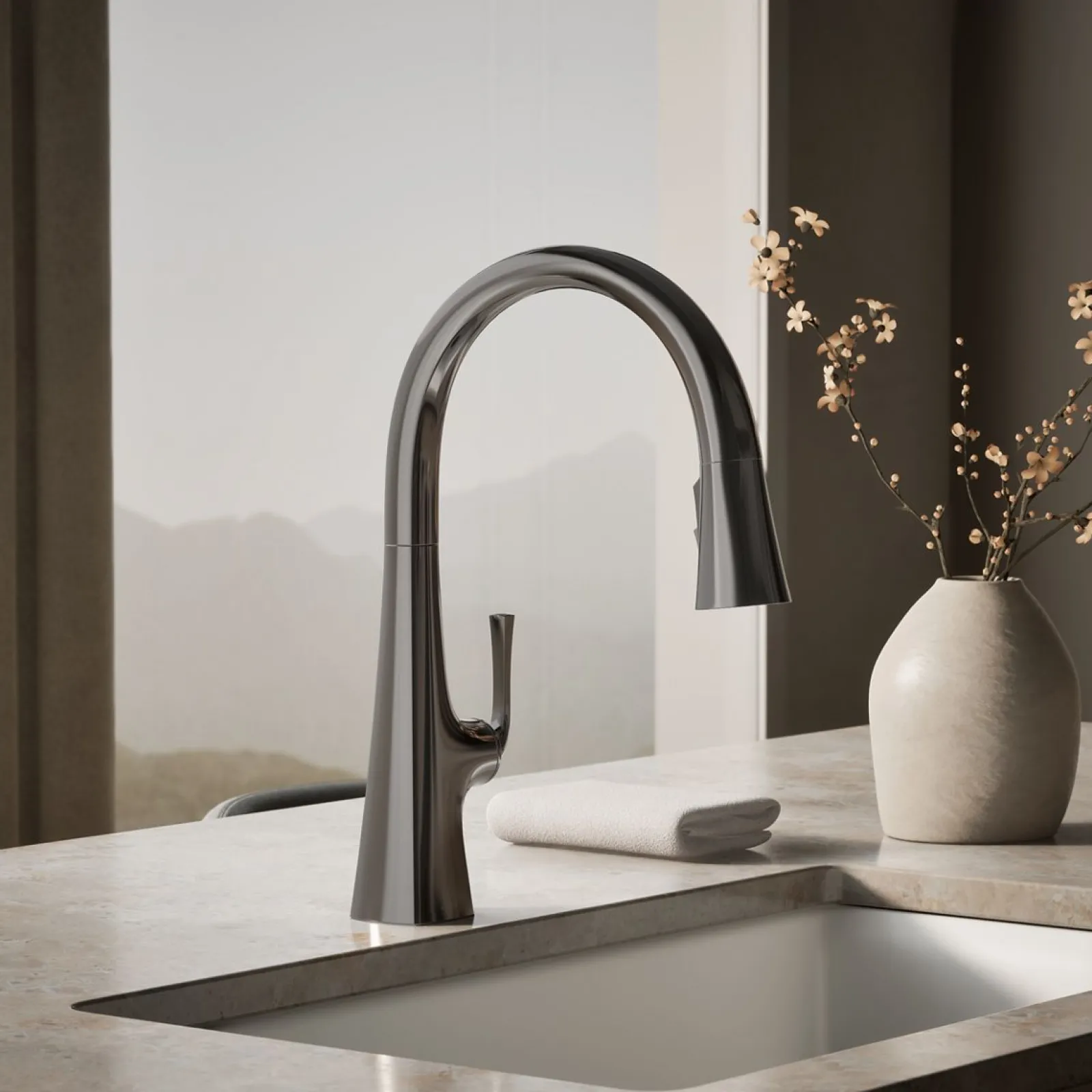 Pull-down kitchen sink faucet with three-function sprayhead^Kohler Discount