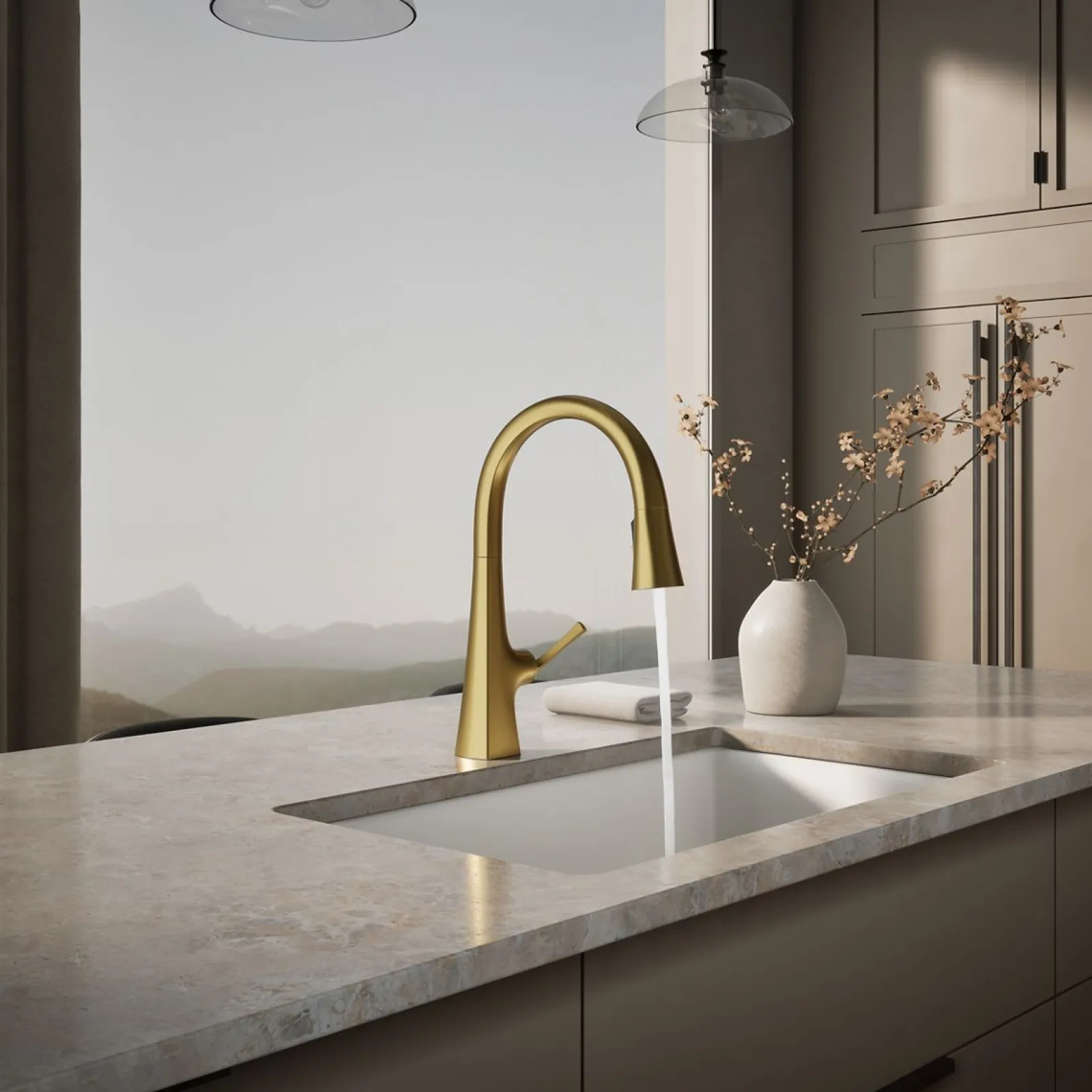 Pull-down kitchen sink faucet with three-function sprayhead^Kohler Discount