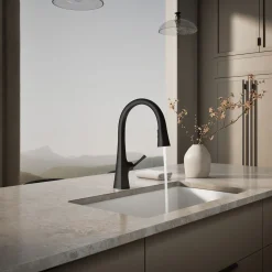 Pull-down kitchen sink faucet with three-function sprayhead^Kohler Discount