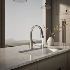 Pull-down kitchen sink faucet with three-function sprayhead^Kohler Discount