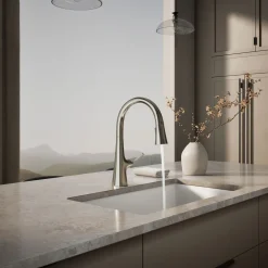 Pull-down kitchen sink faucet with three-function sprayhead^Kohler Discount