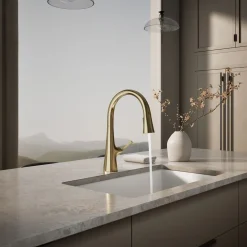 Pull-down kitchen sink faucet with three-function sprayhead^Kohler Discount