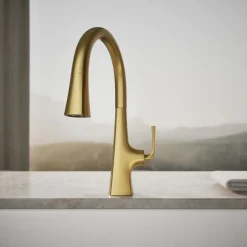 Pull-down kitchen sink faucet with three-function sprayhead^Kohler Discount