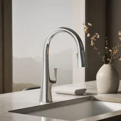 Pull-down kitchen sink faucet with three-function sprayhead^Kohler Discount