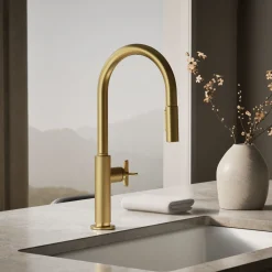 Pull-down kitchen sink faucet with two-function sprayhead^Kohler Hot