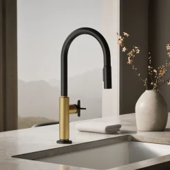 Pull-down kitchen sink faucet with two-function sprayhead^Kohler Hot