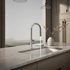 Pull-down kitchen sink faucet with two-function sprayhead^Kohler Hot