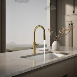 Pull-down kitchen sink faucet with two-function sprayhead^Kohler Hot