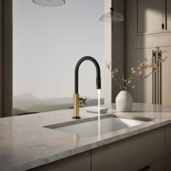 Pull-down kitchen sink faucet with two-function sprayhead^Kohler Hot