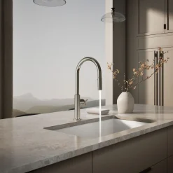 Pull-down kitchen sink faucet with two-function sprayhead^Kohler Hot