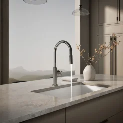 Pull-down kitchen sink faucet with two-function sprayhead^Kohler Hot