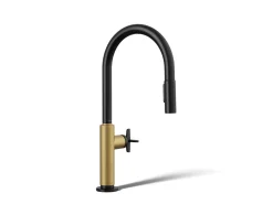 Pull-down kitchen sink faucet with two-function sprayhead^Kohler Hot