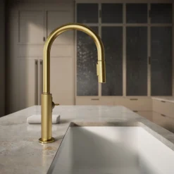 Pull-down kitchen sink faucet with two-function sprayhead^Kohler Hot