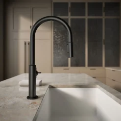 Pull-down kitchen sink faucet with two-function sprayhead^Kohler Hot