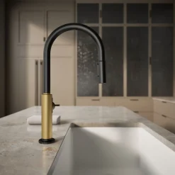 Pull-down kitchen sink faucet with two-function sprayhead^Kohler Hot