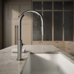 Pull-down kitchen sink faucet with two-function sprayhead^Kohler Hot