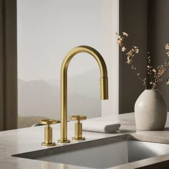 Pull-down kitchen sink faucet with two-function sprayhead^Kohler Hot