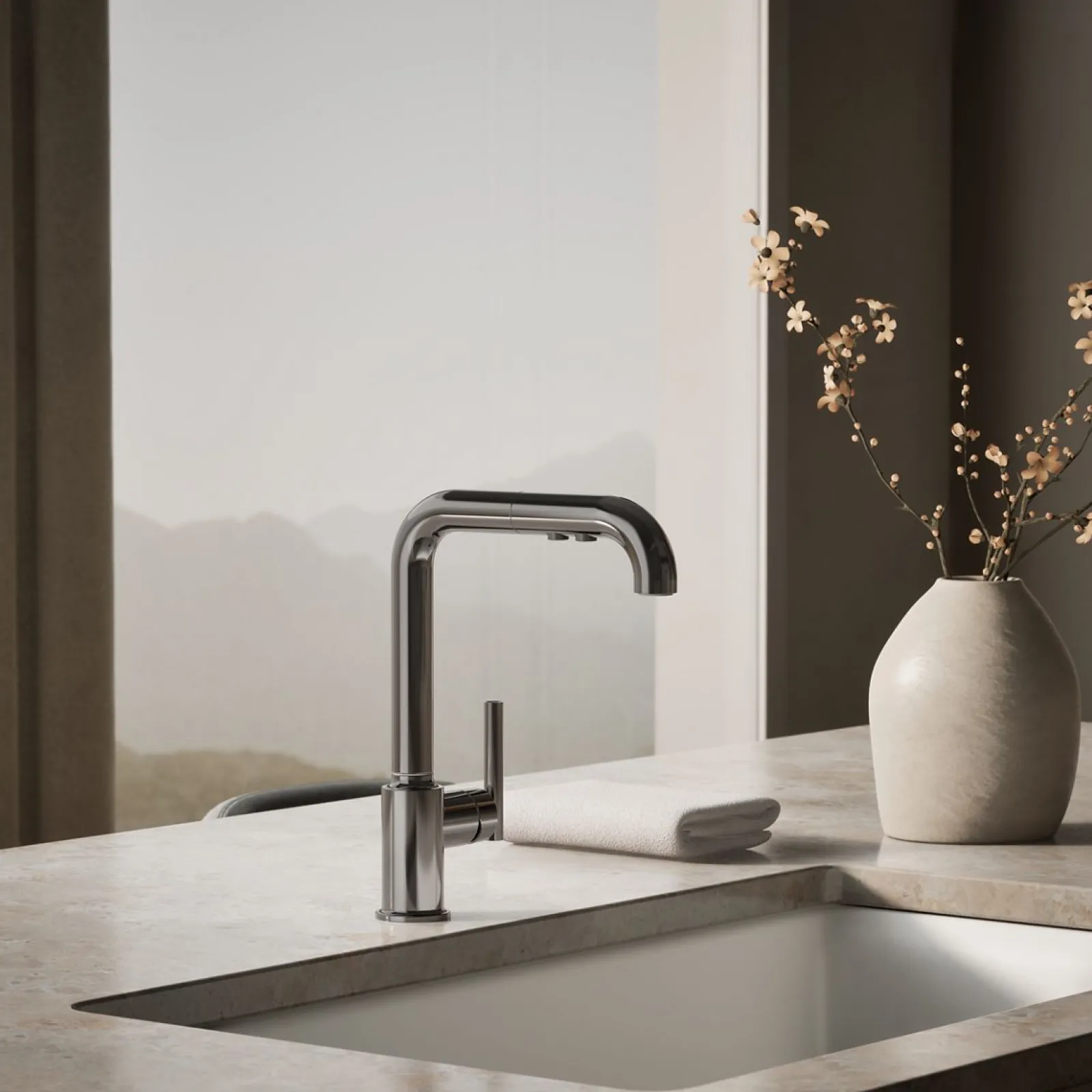 Pull-out kitchen sink faucet with three-function sprayhead^Kohler Discount