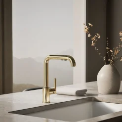 Pull-out kitchen sink faucet with three-function sprayhead^Kohler Discount