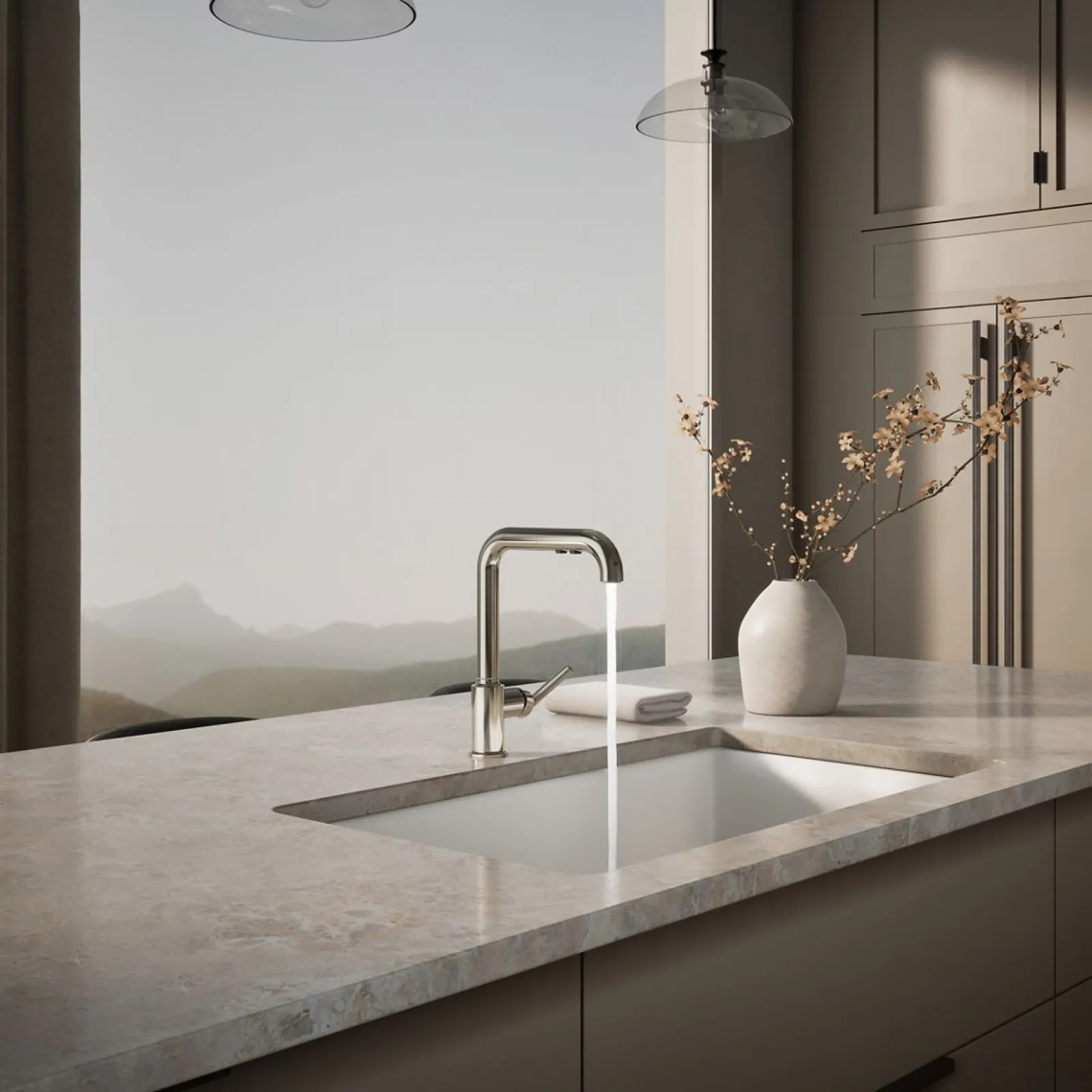 Pull-out kitchen sink faucet with three-function sprayhead^Kohler Discount