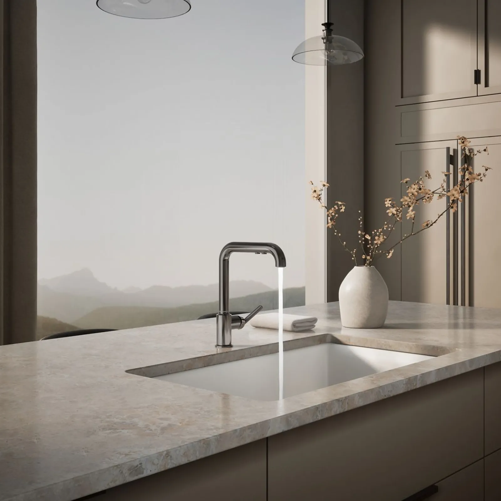 Pull-out kitchen sink faucet with three-function sprayhead^Kohler Discount