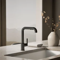 Pull-out kitchen sink faucet with three-function sprayhead^Kohler Discount