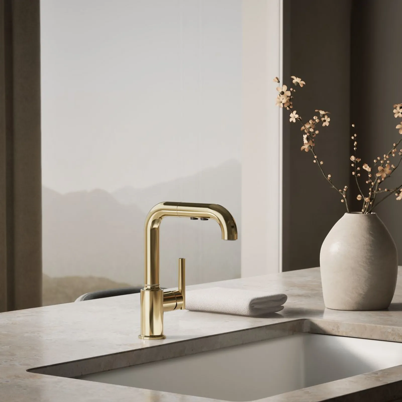 Pull-out kitchen sink faucet with three-function sprayhead^Kohler Discount