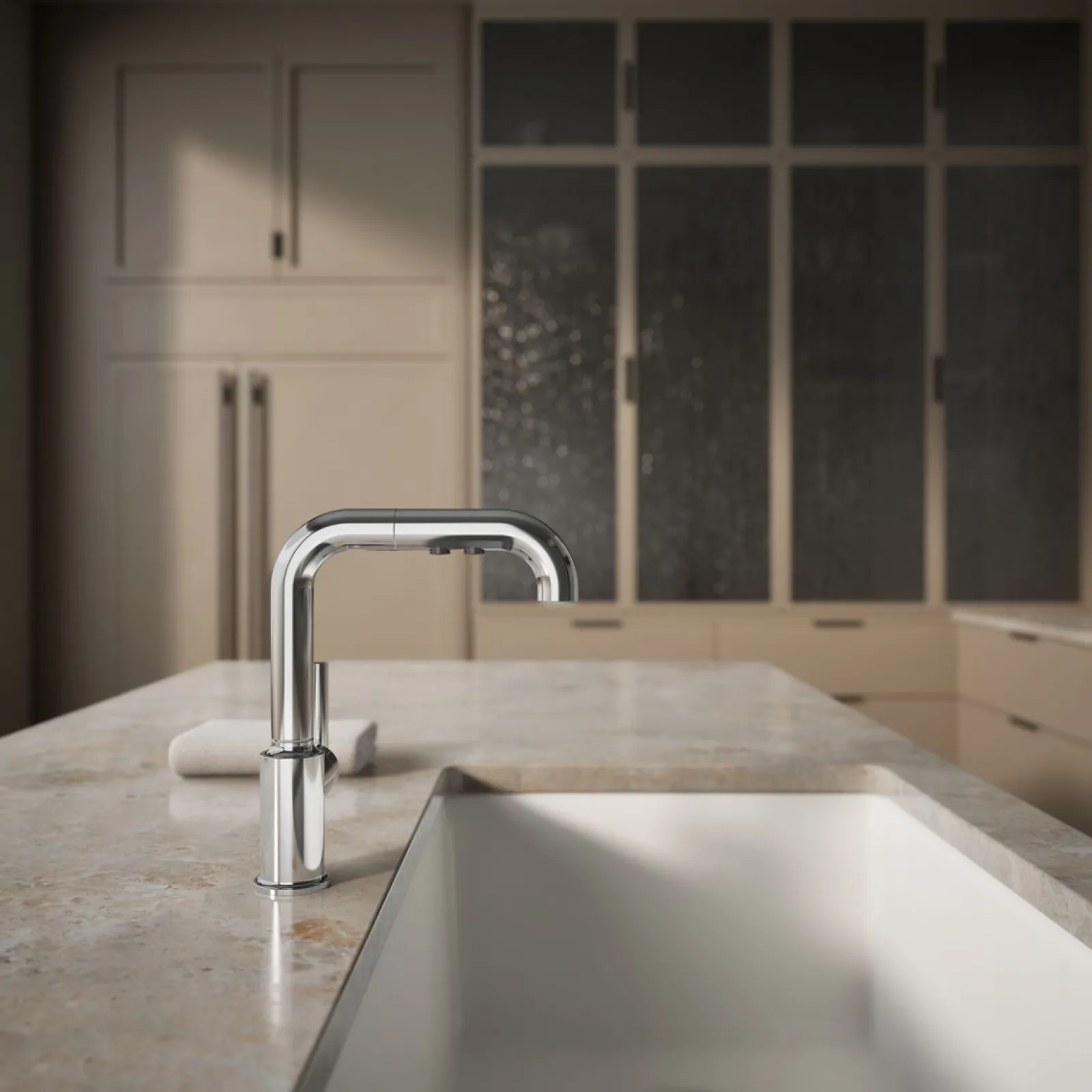 Pull-out kitchen sink faucet with three-function sprayhead^Kohler Discount