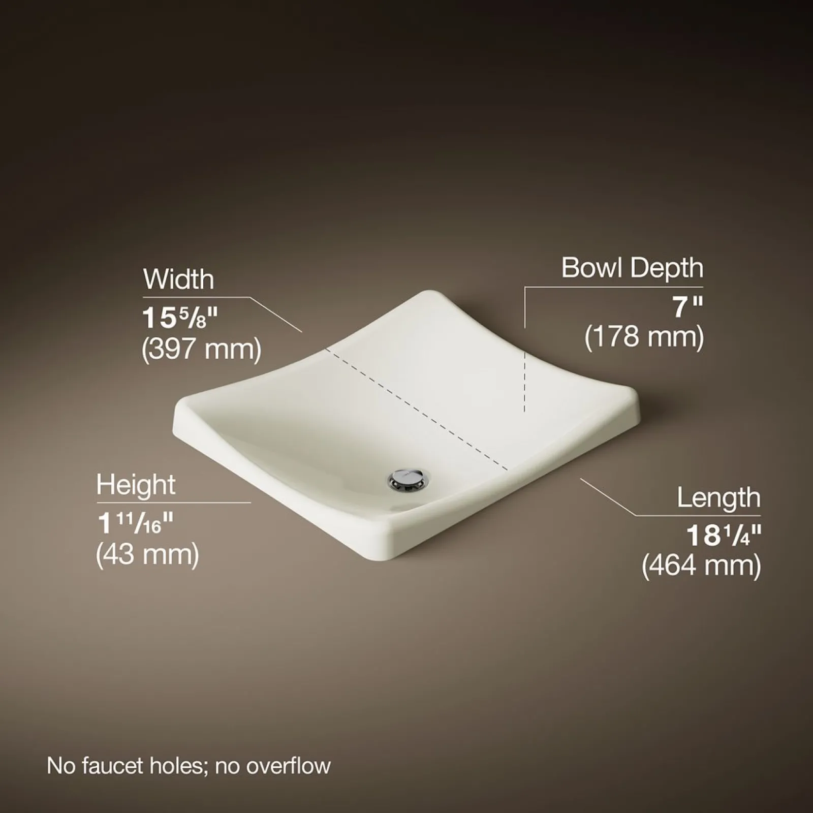 18-1/4" rectangular vessel bathroom sink, no overflow^Kohler Discount