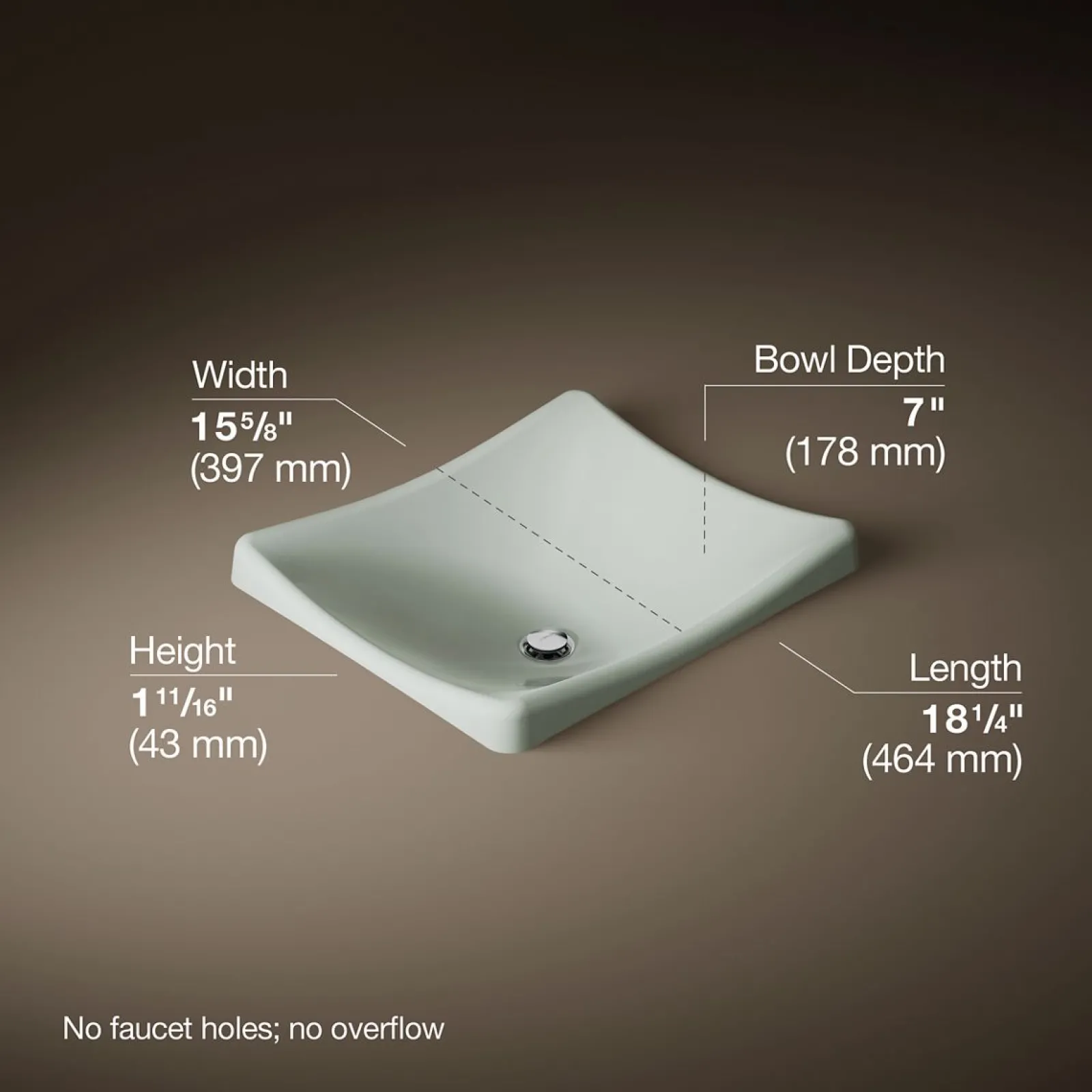 18-1/4" rectangular vessel bathroom sink, no overflow^Kohler Discount