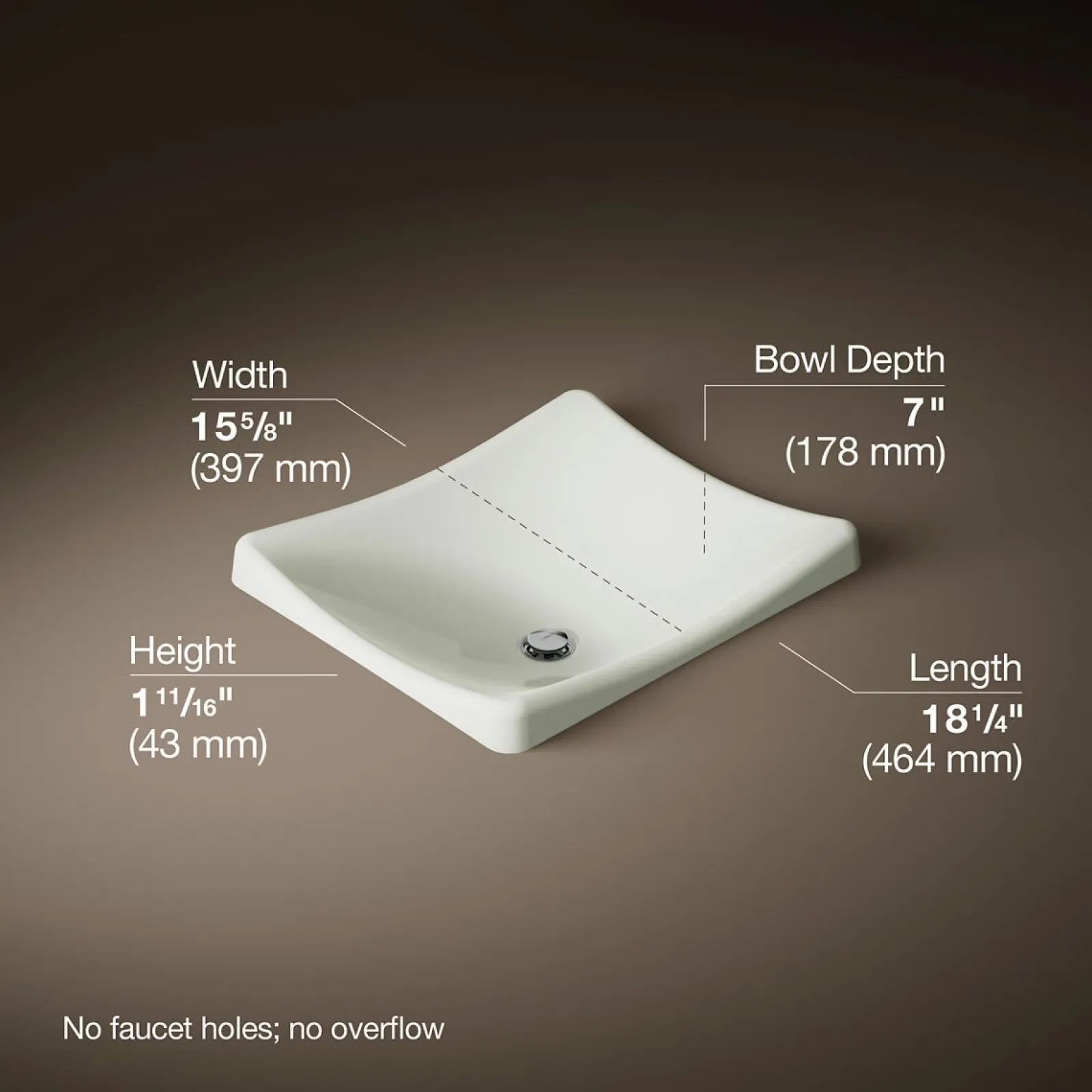18-1/4" rectangular vessel bathroom sink, no overflow^Kohler Discount