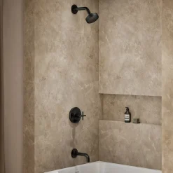 Rite-Temp® bath and shower trim kit with push-button diverter and cross handle, 2.5 gpm^Kohler Hot