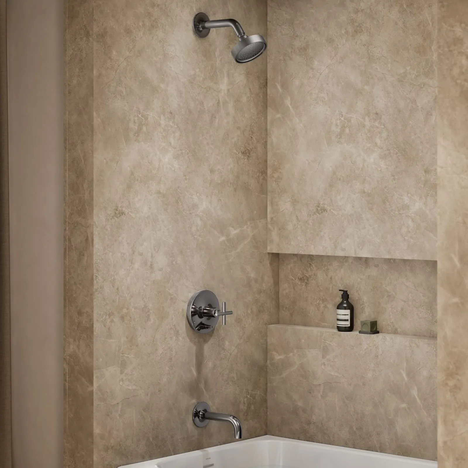 Rite-Temp® bath and shower trim kit with push-button diverter and cross handle, 2.5 gpm^Kohler Hot
