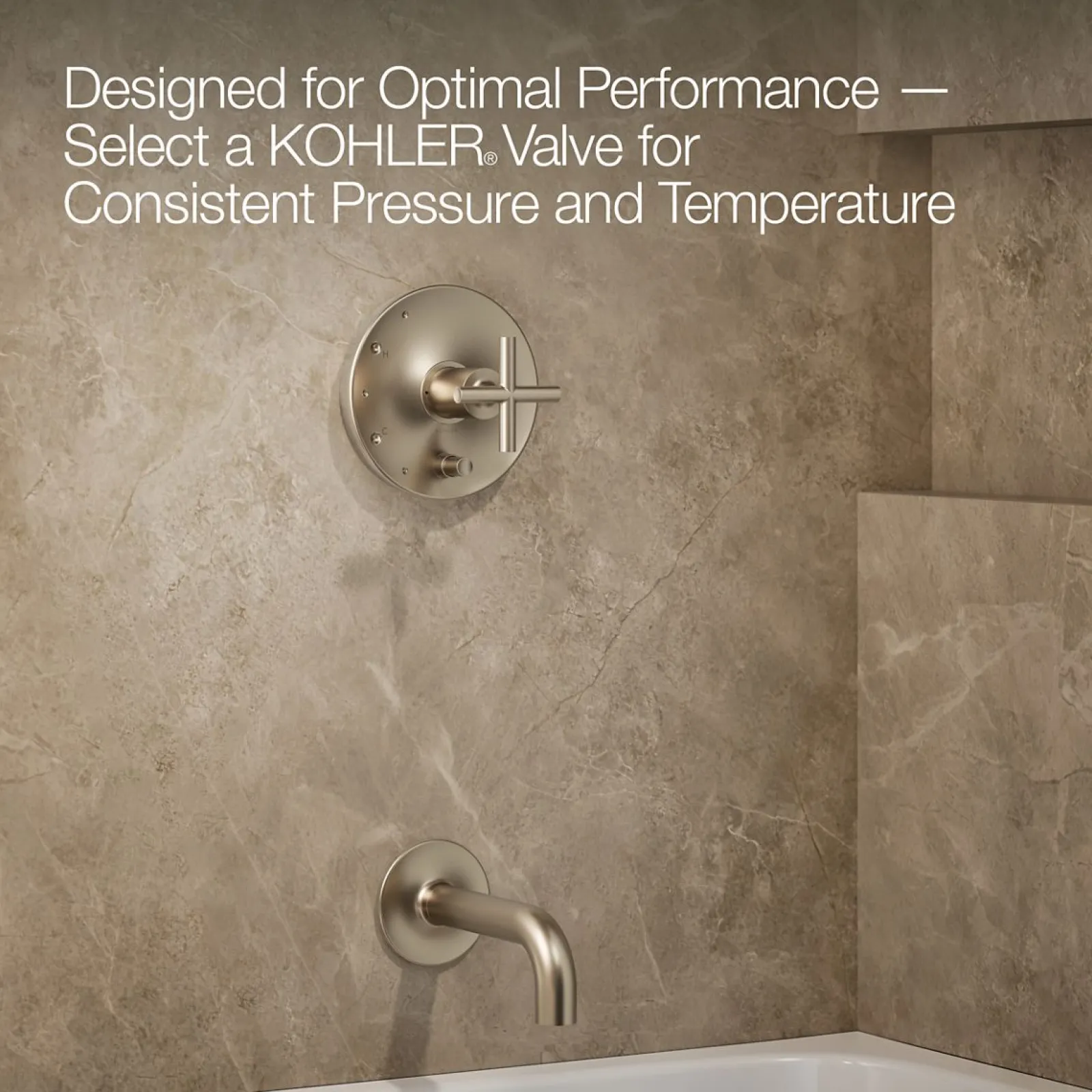 Rite-Temp® bath and shower trim kit with push-button diverter and cross handle, 2.5 gpm^Kohler Hot