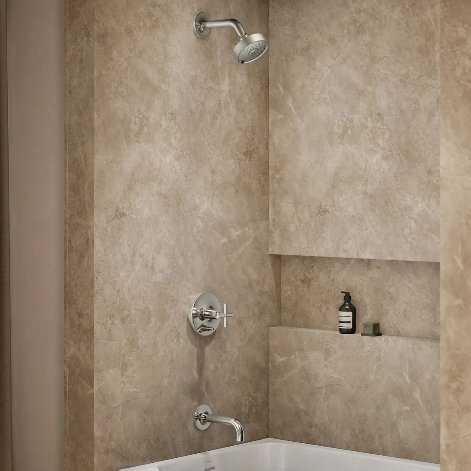 Rite-Temp® bath and shower trim kit with push-button diverter and cross handle, without showerhead^Kohler