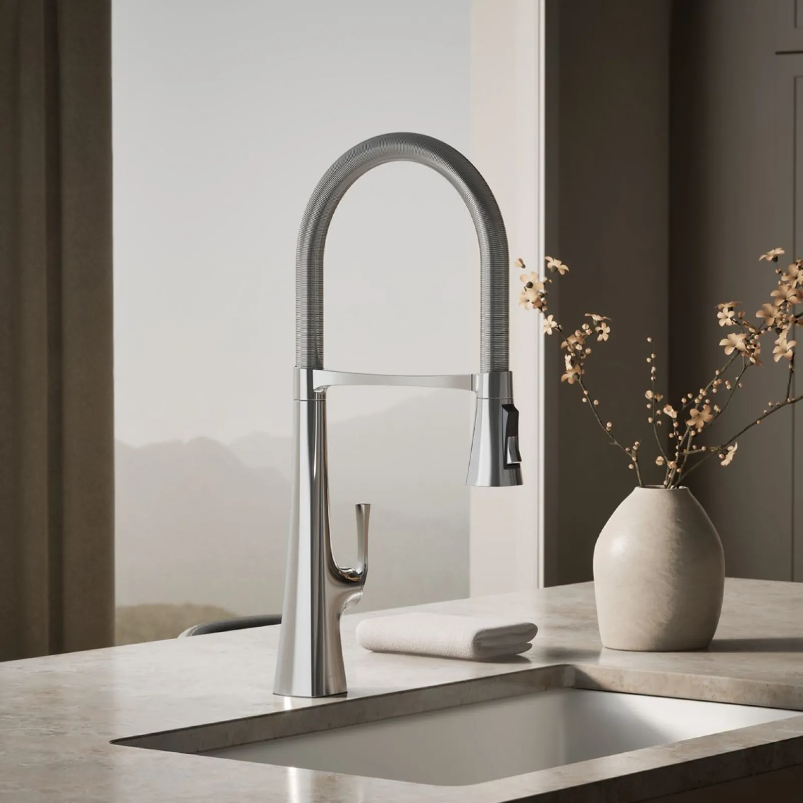 Semi-professional kitchen sink faucet with three-function sprayhead^Kohler New