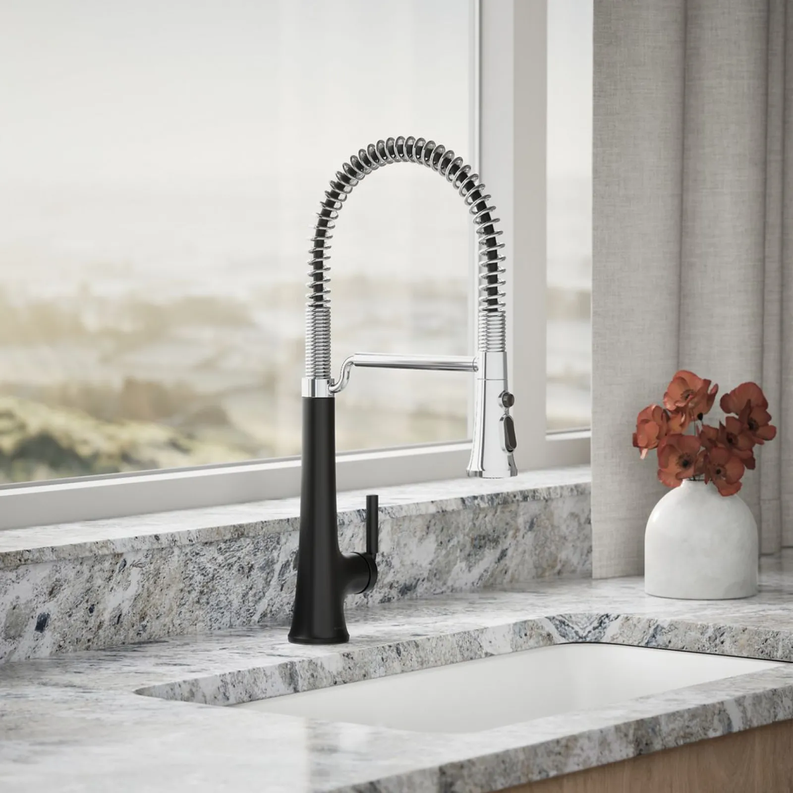 Semi-professional pull-down kitchen sink faucet with three-function sprayhead^Kohler Hot