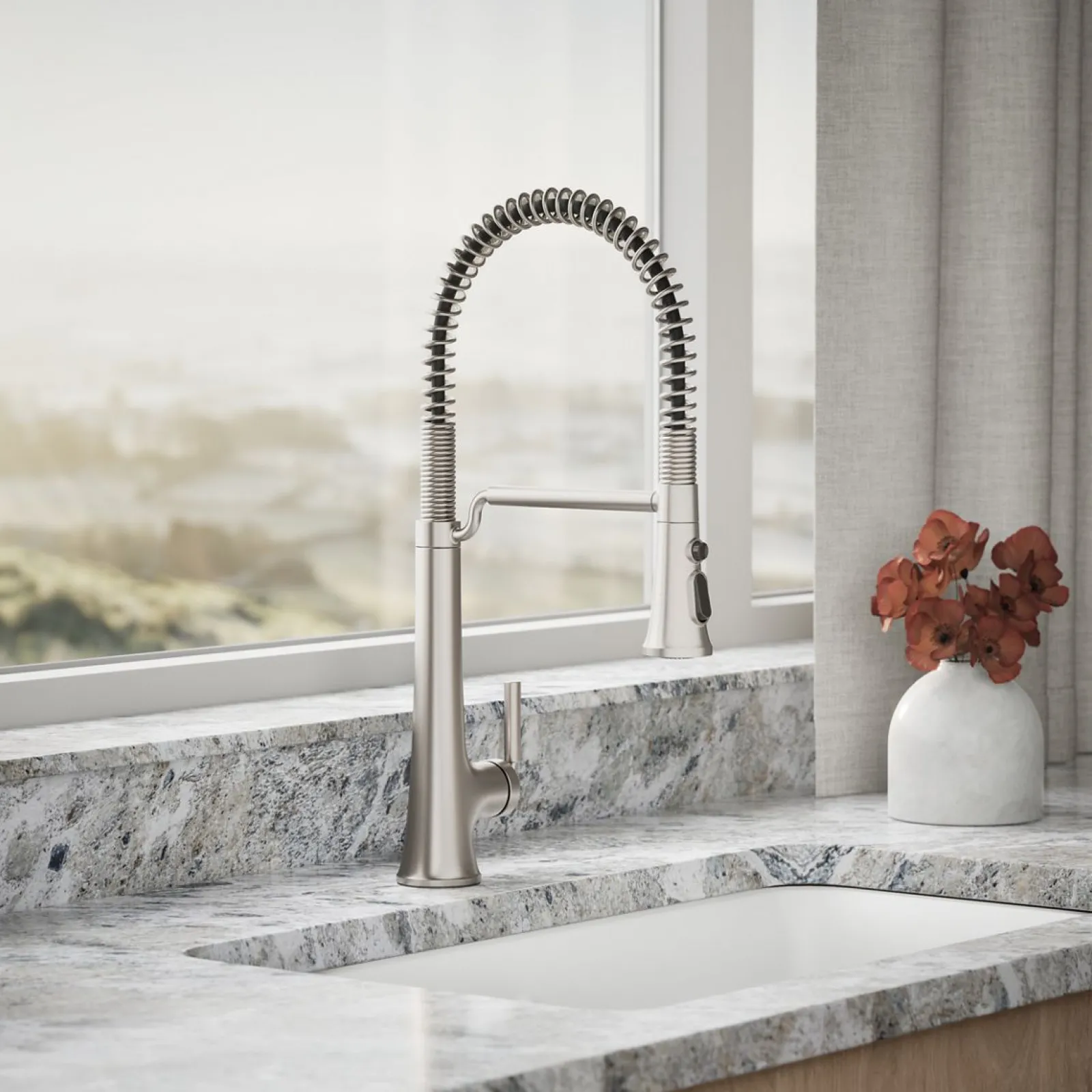 Semi-professional pull-down kitchen sink faucet with three-function sprayhead^Kohler Hot