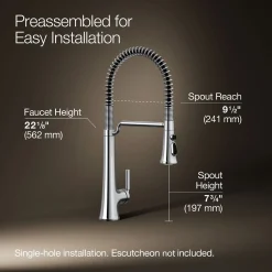 Semi-professional pull-down kitchen sink faucet with three-function sprayhead^Kohler Hot