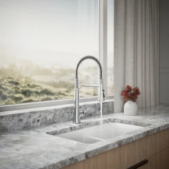 Semi-professional pull-down kitchen sink faucet with three-function sprayhead^Kohler Hot