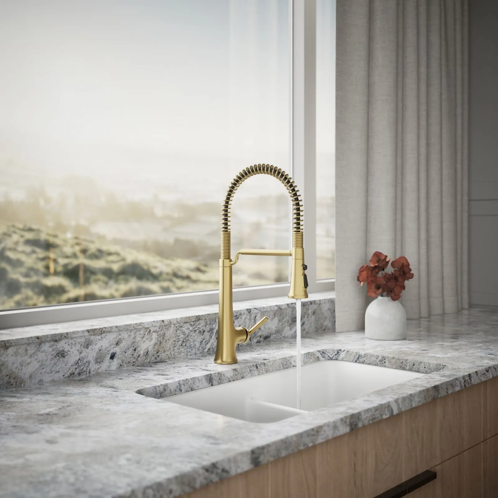Semi-professional pull-down kitchen sink faucet with three-function sprayhead^Kohler Hot