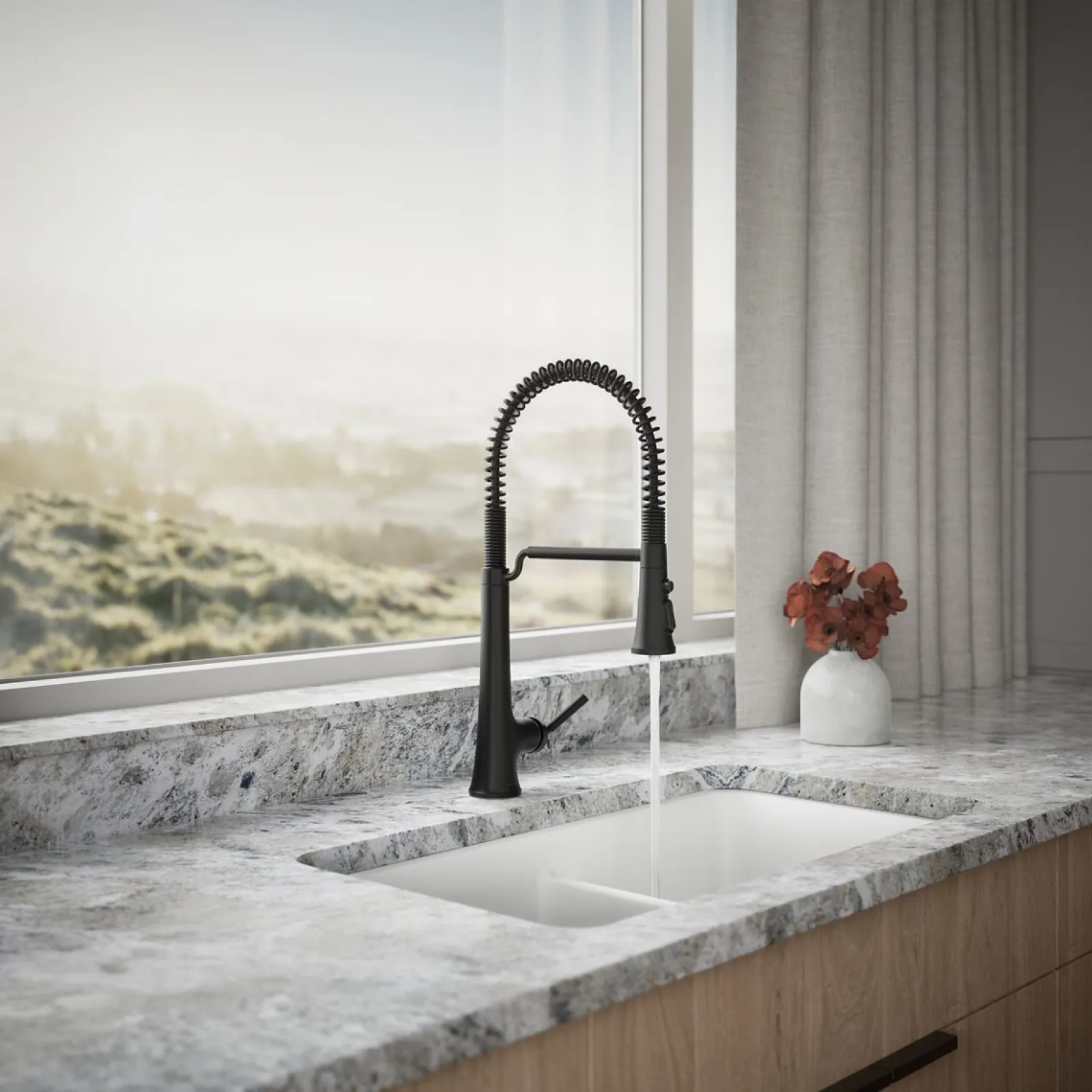 Semi-professional pull-down kitchen sink faucet with three-function sprayhead^Kohler Hot