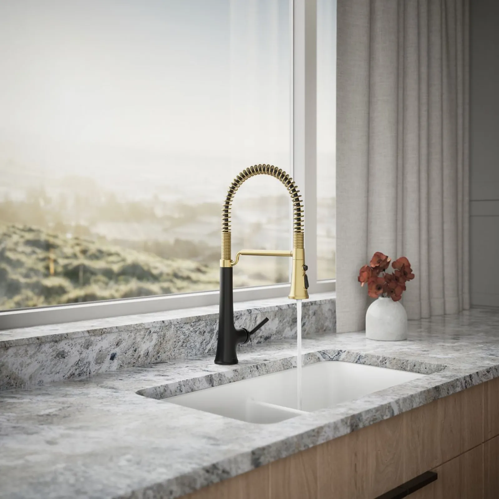 Semi-professional pull-down kitchen sink faucet with three-function sprayhead^Kohler Hot