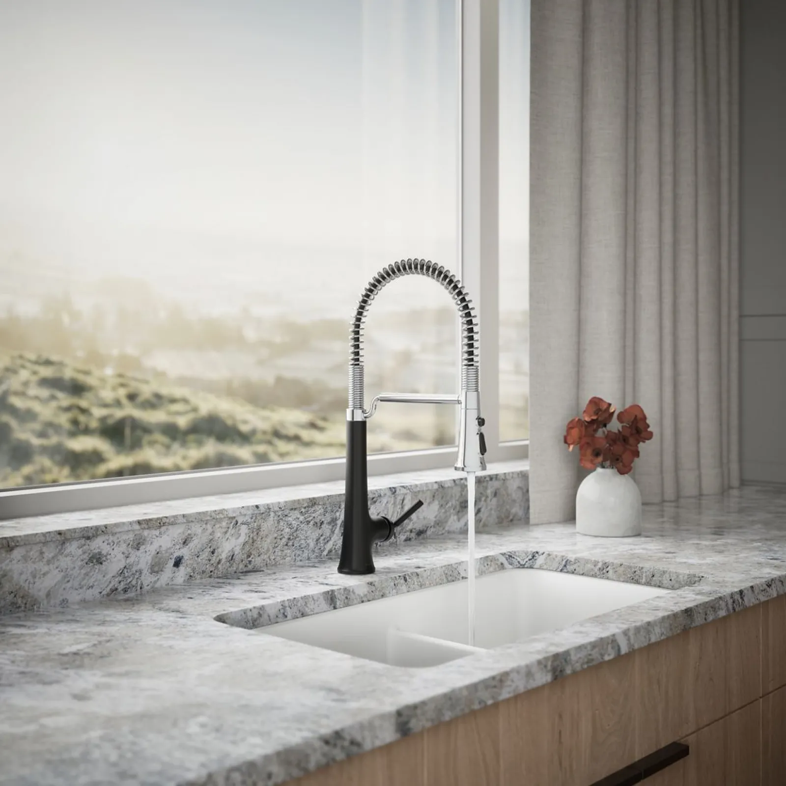 Semi-professional pull-down kitchen sink faucet with three-function sprayhead^Kohler Hot