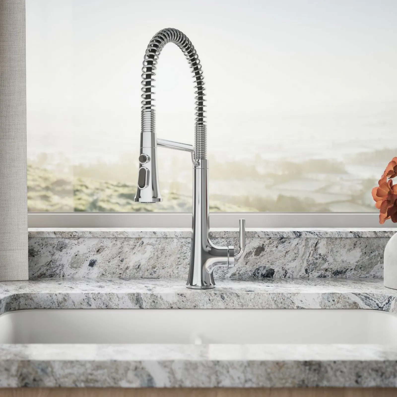 Semi-professional pull-down kitchen sink faucet with three-function sprayhead^Kohler Hot
