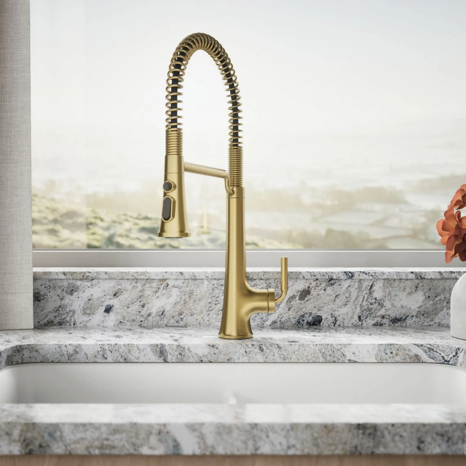 Semi-professional pull-down kitchen sink faucet with three-function sprayhead^Kohler Hot