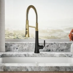 Semi-professional pull-down kitchen sink faucet with three-function sprayhead^Kohler Hot