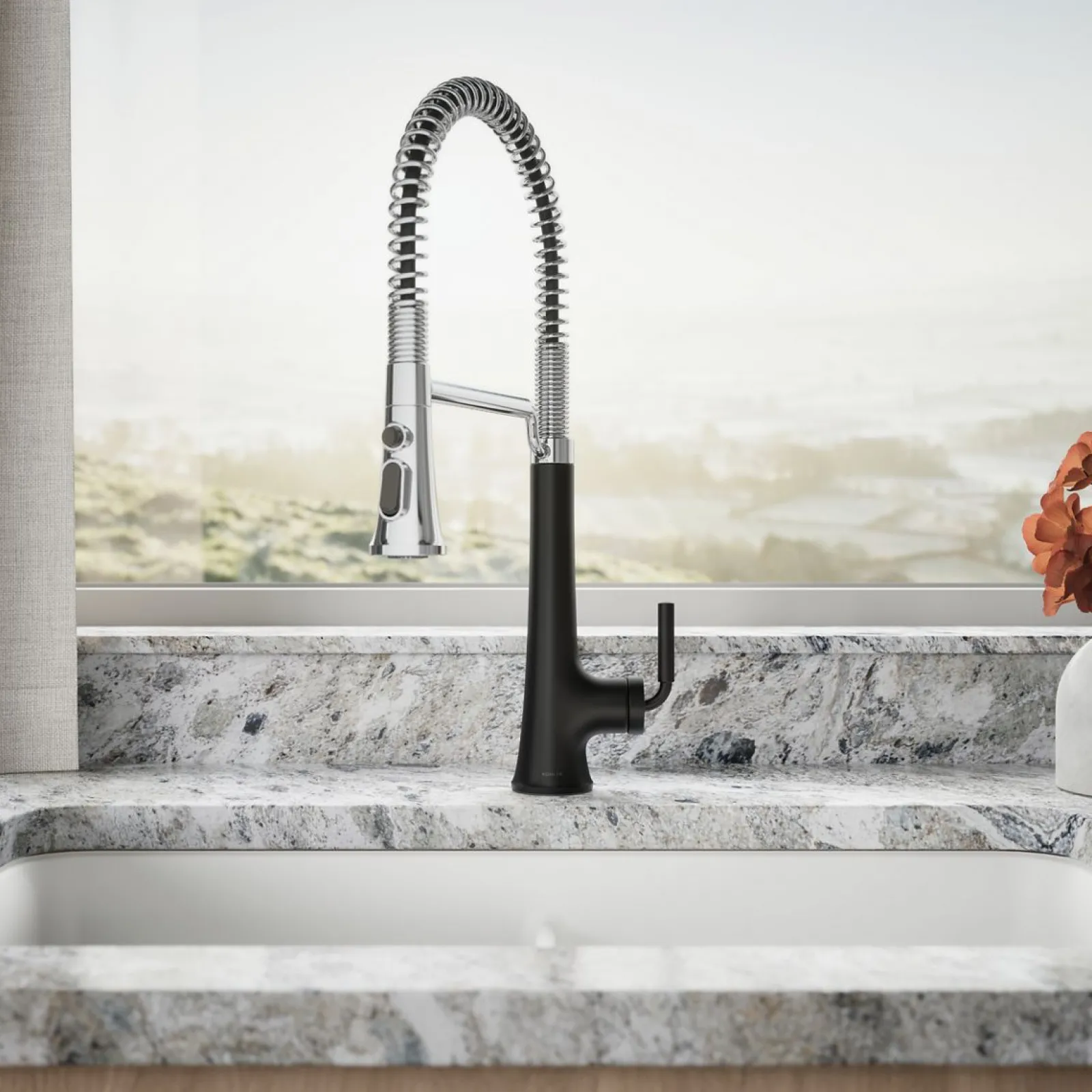 Semi-professional pull-down kitchen sink faucet with three-function sprayhead^Kohler Hot